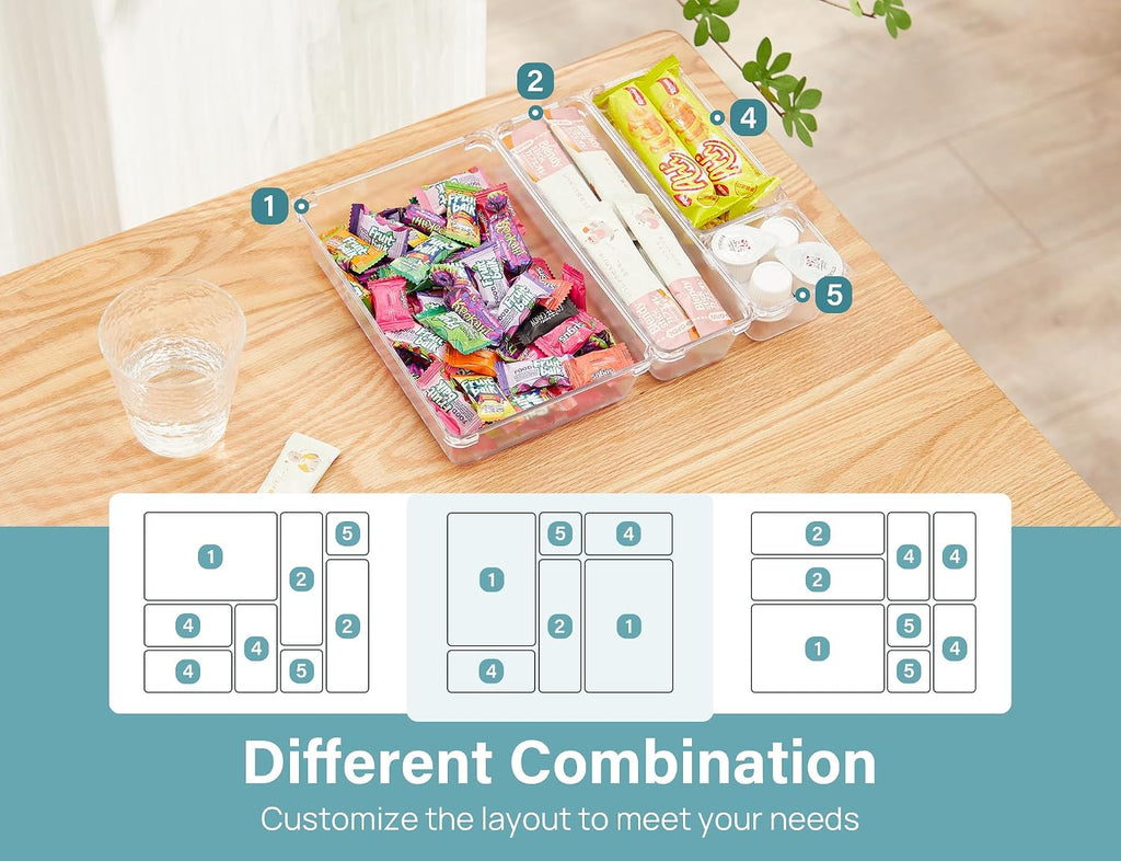 Kootek 28Pcs Drawer Organizer Set, 4-Size Bathroom Tray Makeup Desk Divider | Clear Plastic, Multi-Use Individual Storage Organizers, Customize layouts, Easy to Clean, for Bathroom Office Dresser Bedroom