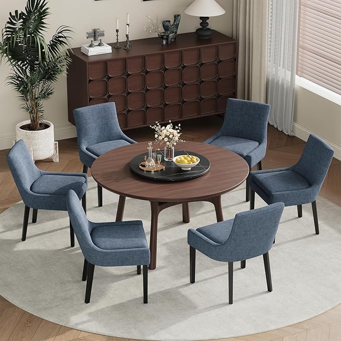Modern Dining Chairs Set of 6, Upholstered Corduroy Dining Room Chairs with Wood Legs, Mid-Back Padded Kitchen Side Chairs for Dining Room, Blue