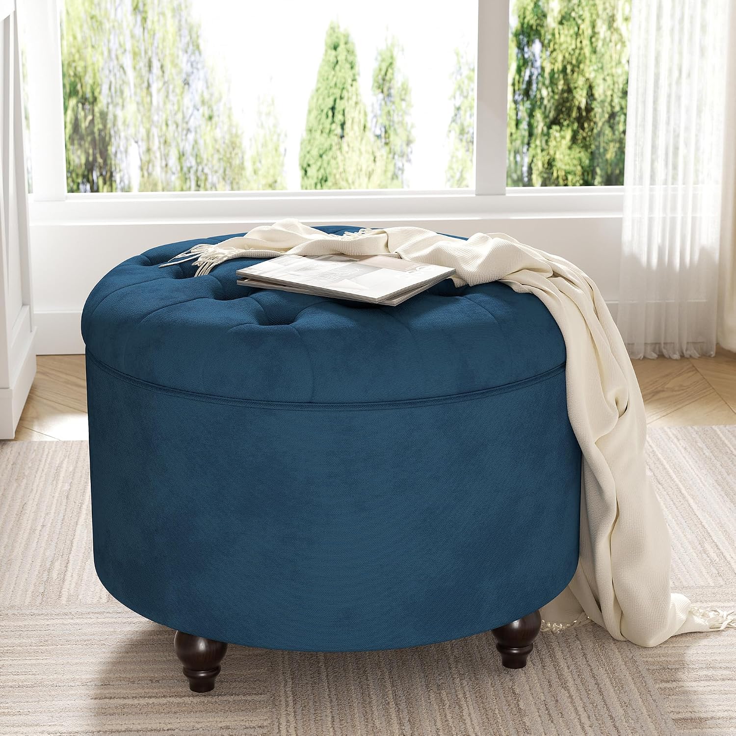 24 Inch Round Storage Ottoman,Modern Tufted Ottomans,Circular Coffee Table with Removable Top,Upholstered Large Ottoman with Storage Footrest Stool for Bedroom Living Room (Blue)