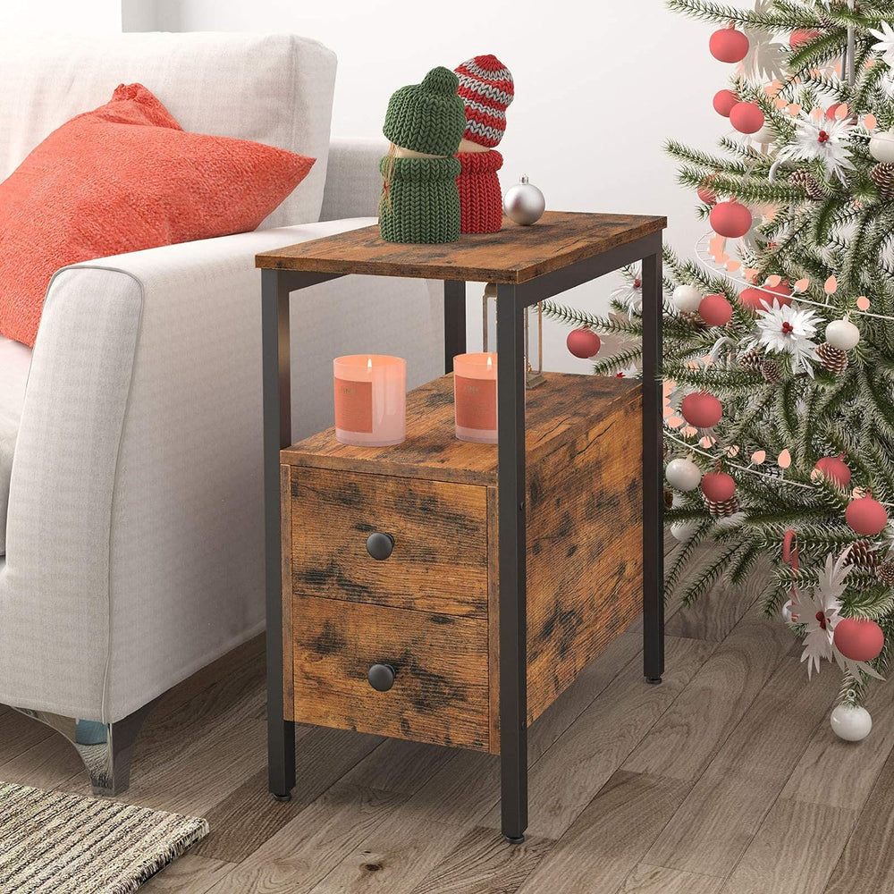 HOOBRO End Table, Narrow Chairside Table with Drawer and Open Storage Shelf, ...