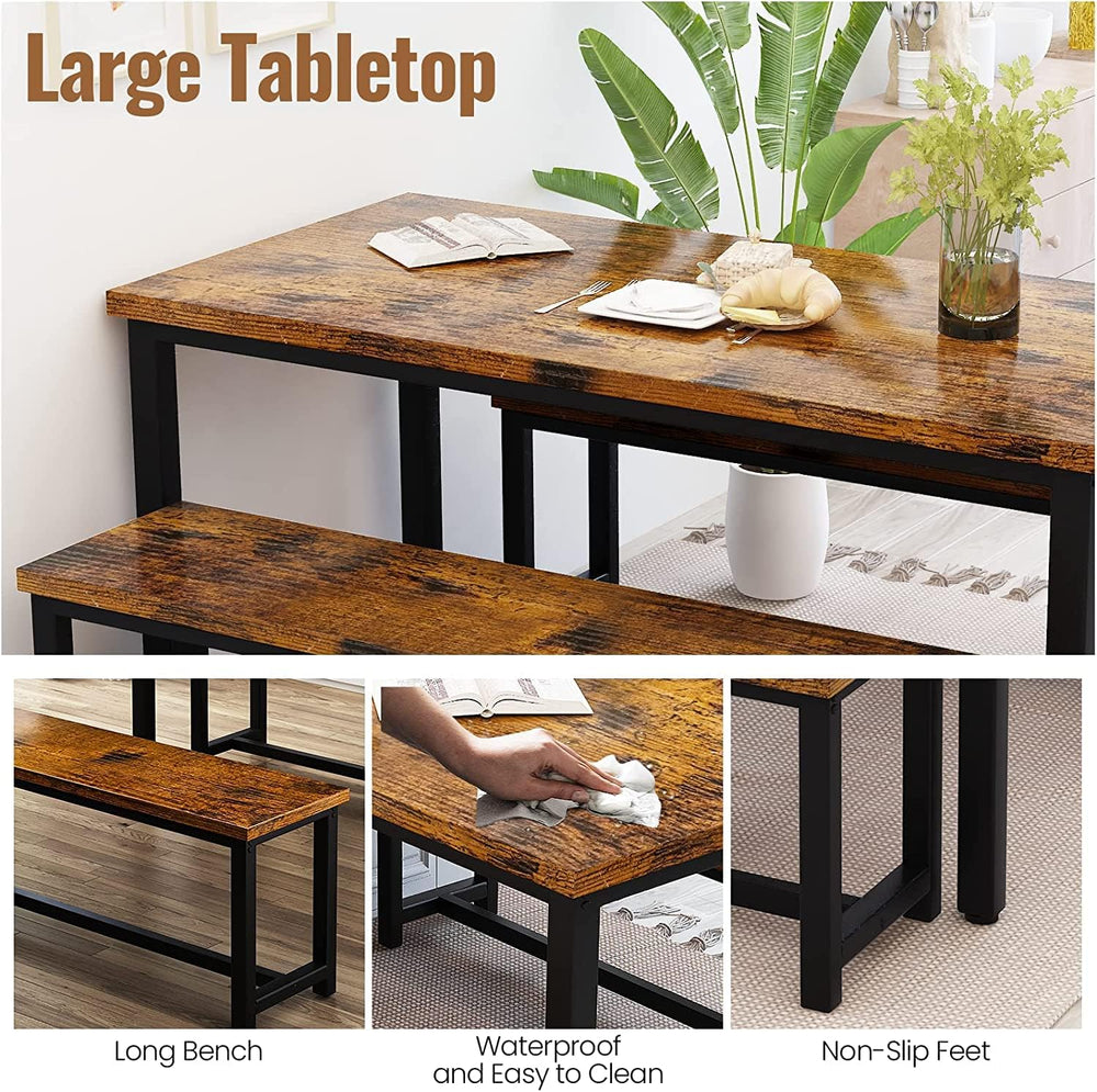 Dining Room Table Set with 2 Benches, Farmhouse Dining Table Set for 4-6, Woo...