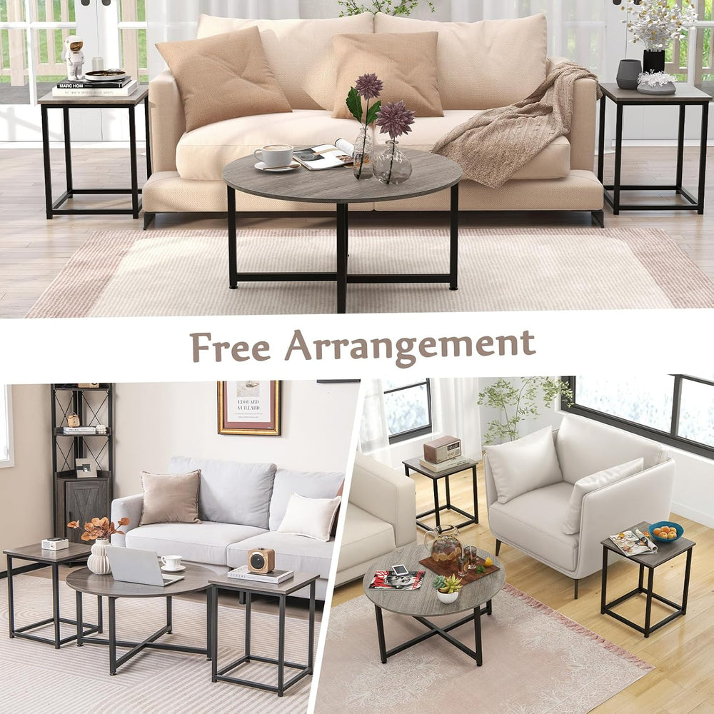 COSTWAY Coffee Table Set of 3, Wood Grain Round Coffee Table and 2 Square End...