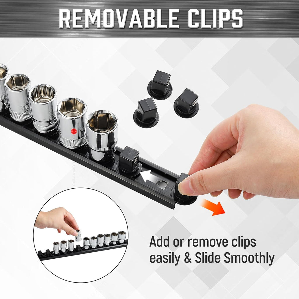 ALOANES 3-Piece Magnetic Socket Organizer, Heavy Duty Aluminum Socket Rails Organizer, 360° Swivel Clips Socket Holder Kit for Tool Box, 3/8-Inch Socket Holder x 42 Clips (Black)