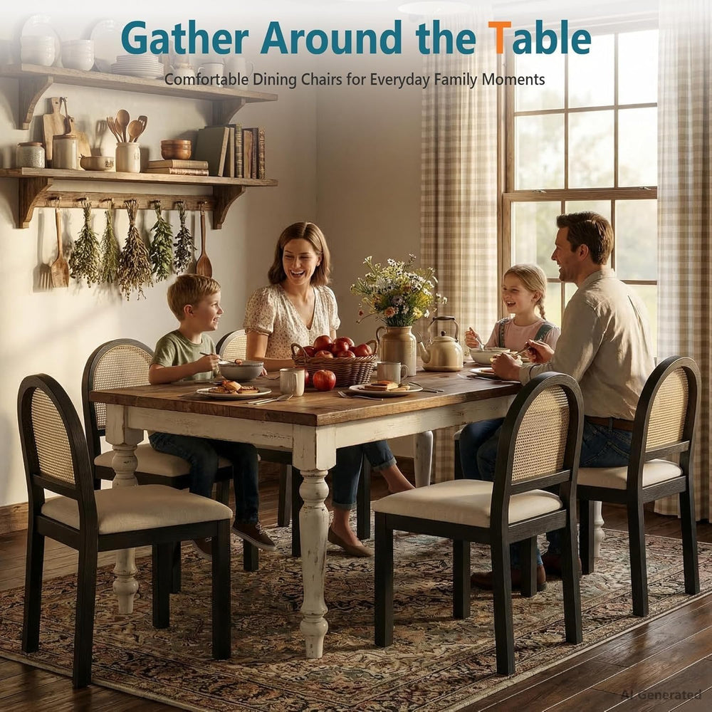 Upholstered Rattan Dining Chairs Set of 4, Farmhouse Wooden Kitchen Chairs