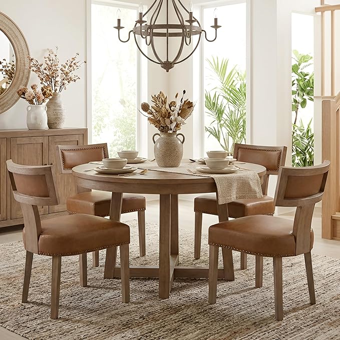 HNY Mid Century Modern Dining Chairs Set of 2, Farmhouse PU Leather Upholstered Accent Chairs Curved Nailhead Trim Backrest Kitchen Chairs, with Hardwood Frame, Brown