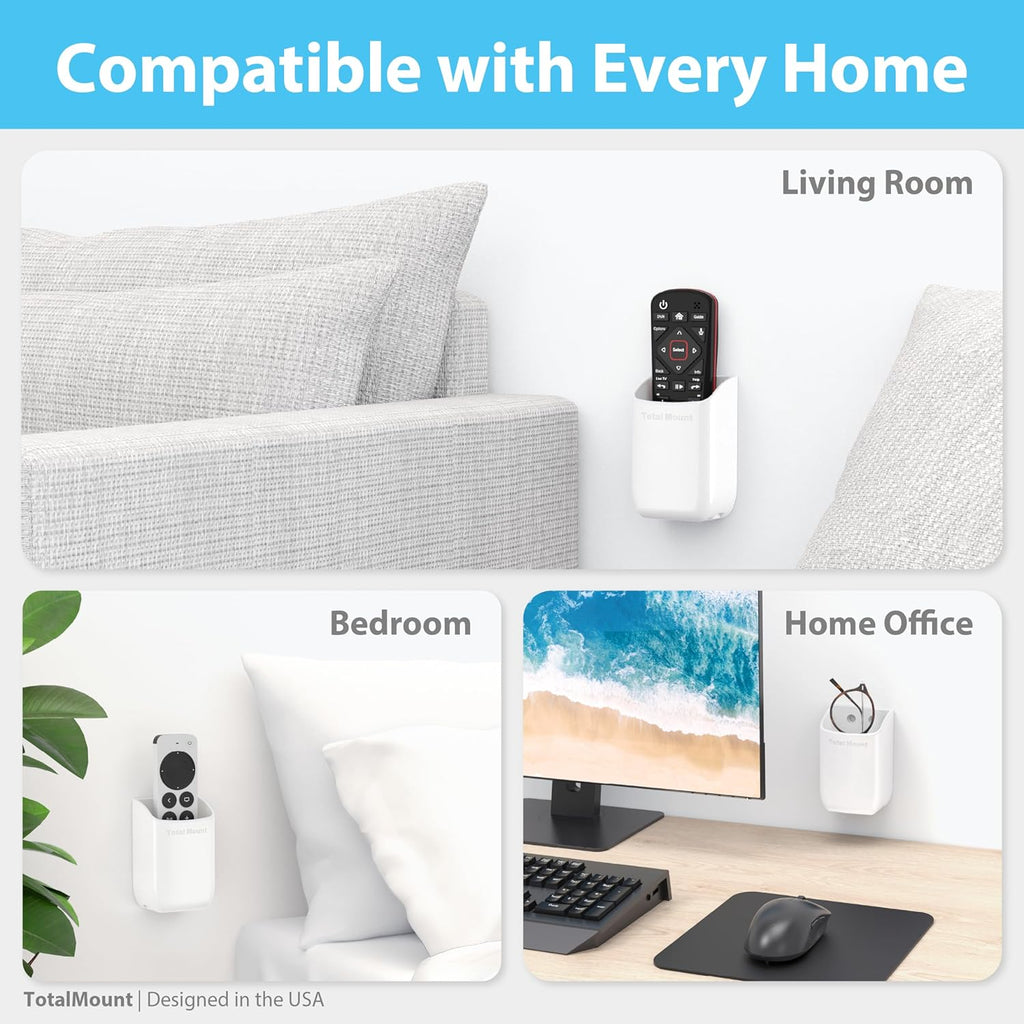 TotalMount Hole-Free Remote Holders – Eliminate Need to Drill Holes in Your Wall (White Remote Control Holders, Quantity 2)