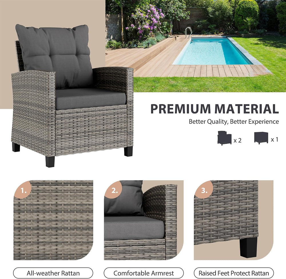 Vongrasig 3 Piece Patio Furniture Set Small Outdoor Wicker Rattan Front Porch...