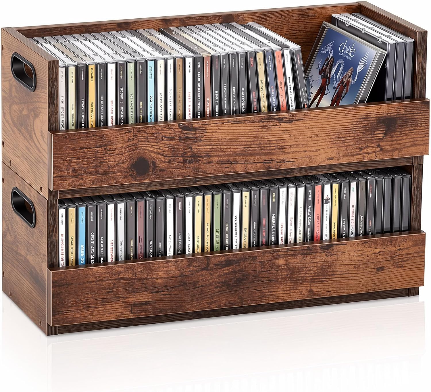 CroBlissful 2 Set Wooden Cd Storage Box, Holds 72 Cds(36 Each), Stackable Cd Holder Organizer with Magnetic Front Flap and Carrying Handles for Dvds, Cassette Tapes and Movie Cases (Rustic Wood Grain)