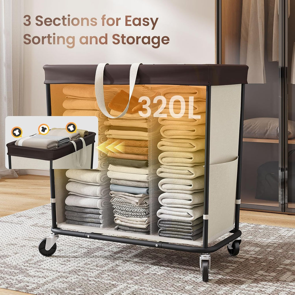 320L Laundry Basket with Wheels, 3-Section Rolling Hamper for Laundry, Extra Large Laundry Hamper with Wheels, Clothes Hamper Rolling Laundry Basket for Home, Bathrooms and Dorm(Beige)