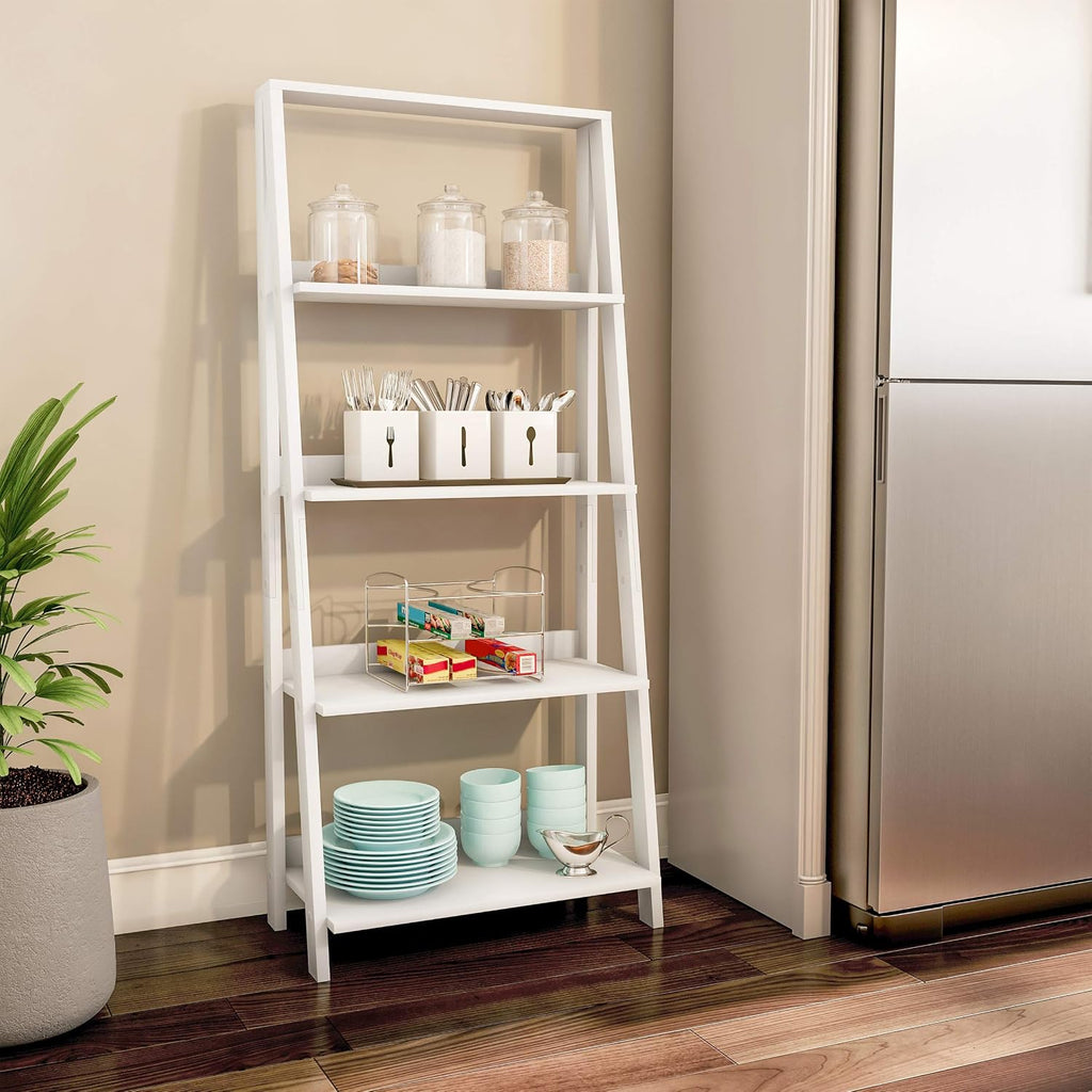 4-Tier Ladder Bookshelf - Freestanding Shelved Bookcase with X-Back Frame and Leaning Look - Display Shelves for Home or Office by Lavish Home (White)
