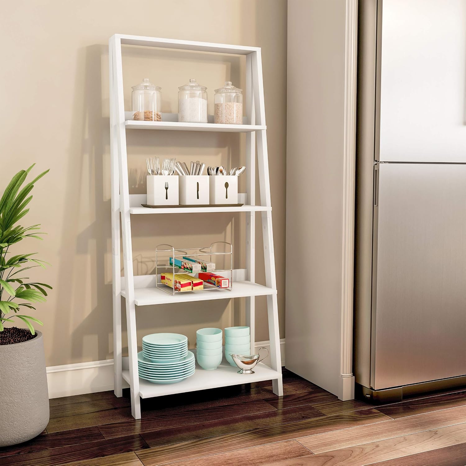 4-Tier Ladder Bookshelf - Freestanding Shelved Bookcase with X-Back Frame and Leaning Look - Display Shelves for Home or Office by Lavish Home (White)