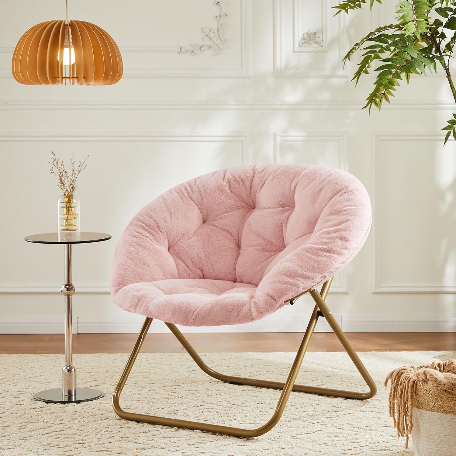 Simple Deluxe Comfy Chairs for Bedroom, Faux Fur Saucer Chair for Adults, Oversized Comfy Soft Saucer Chair, Padded Lazy Chair for Living Room Dorm Rooms, Pink