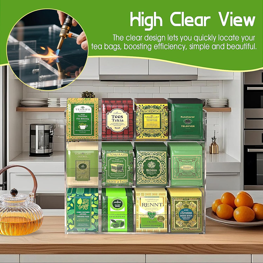 Jumyee 3-Tier Acrylic Tea Bag Organizer & Storage Box, 12 Compartment Portable Teabags Organizer for Cabinet Countertop, Coffee & Tea Station Organizer for Home Office