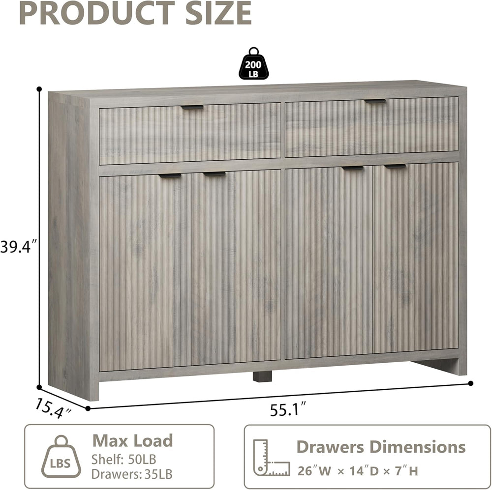 Fluted Sideboard Buffet Cabinet with Storage and Large Drawers, 55" W Cr...