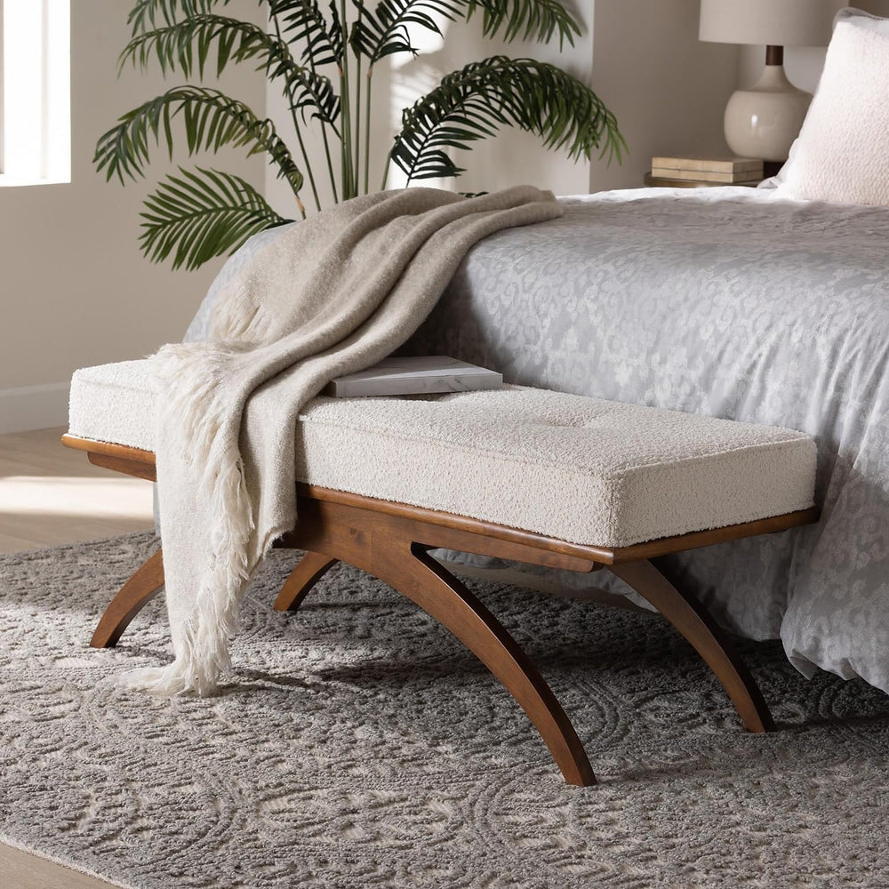 Baxton Studio Orella Boucle Fabric Bench, Cream/Walnut Brown