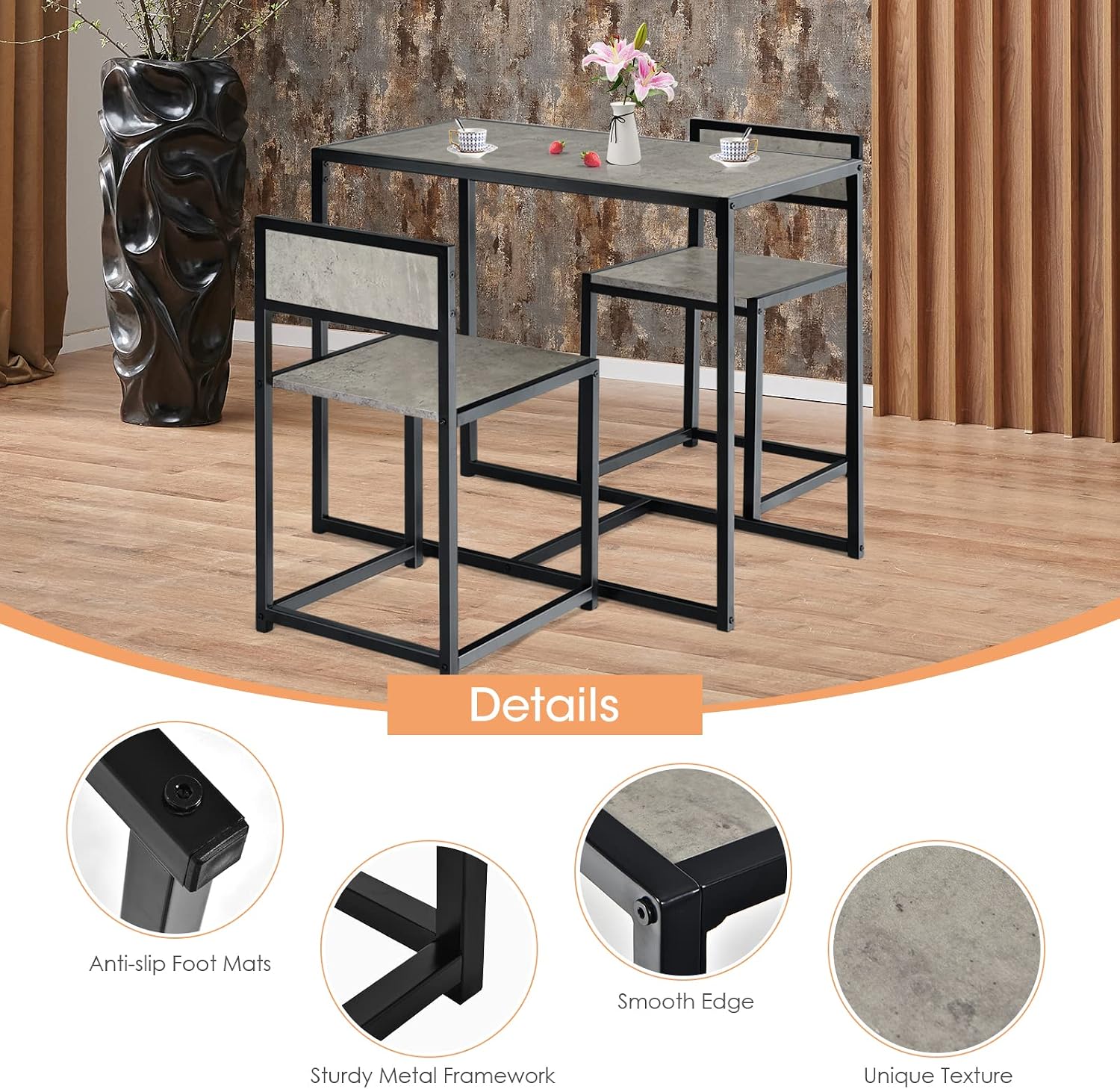 GIANTEX Bar Table Set 3-Piece Dining Table with 2 Chairs, Dining Room Set, Small Kitchen Table Set for 2 People, Dining Room Table, Bistro Table Set, Kitchen Bar Seating Set (Grey)