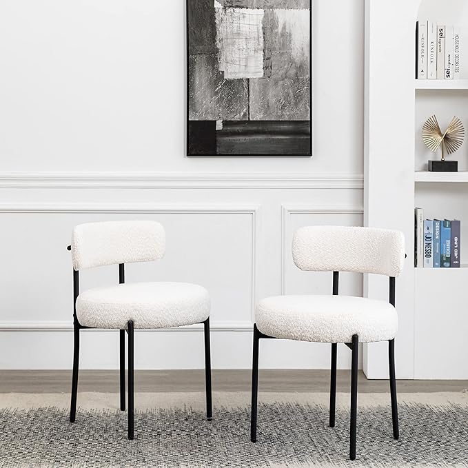 DYHOME White Boucle Dining Chairs Set of 4, Upholstered Kitchen Chairs with Thick Cushions and Metal Legs, Round Modern Dining Room Chairs