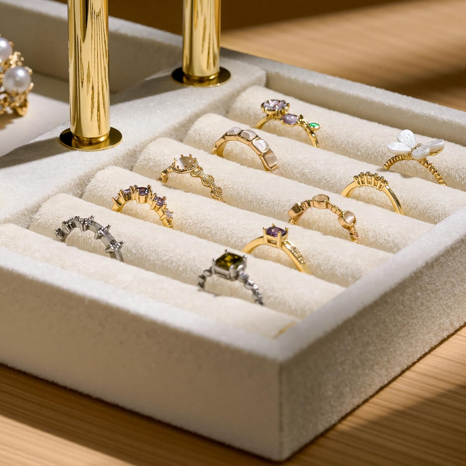 Bracelet Holder Jewelry Organizer Display - 3 Tier T Bar Velvet Stand, Beige Jewelry Storage for Bracelet, Necklaces, Watches