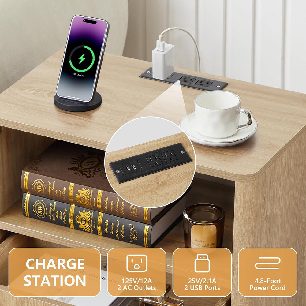 Small Nightstand Set of 2 with Charging Station, Accent Bedside Nightstand wi...