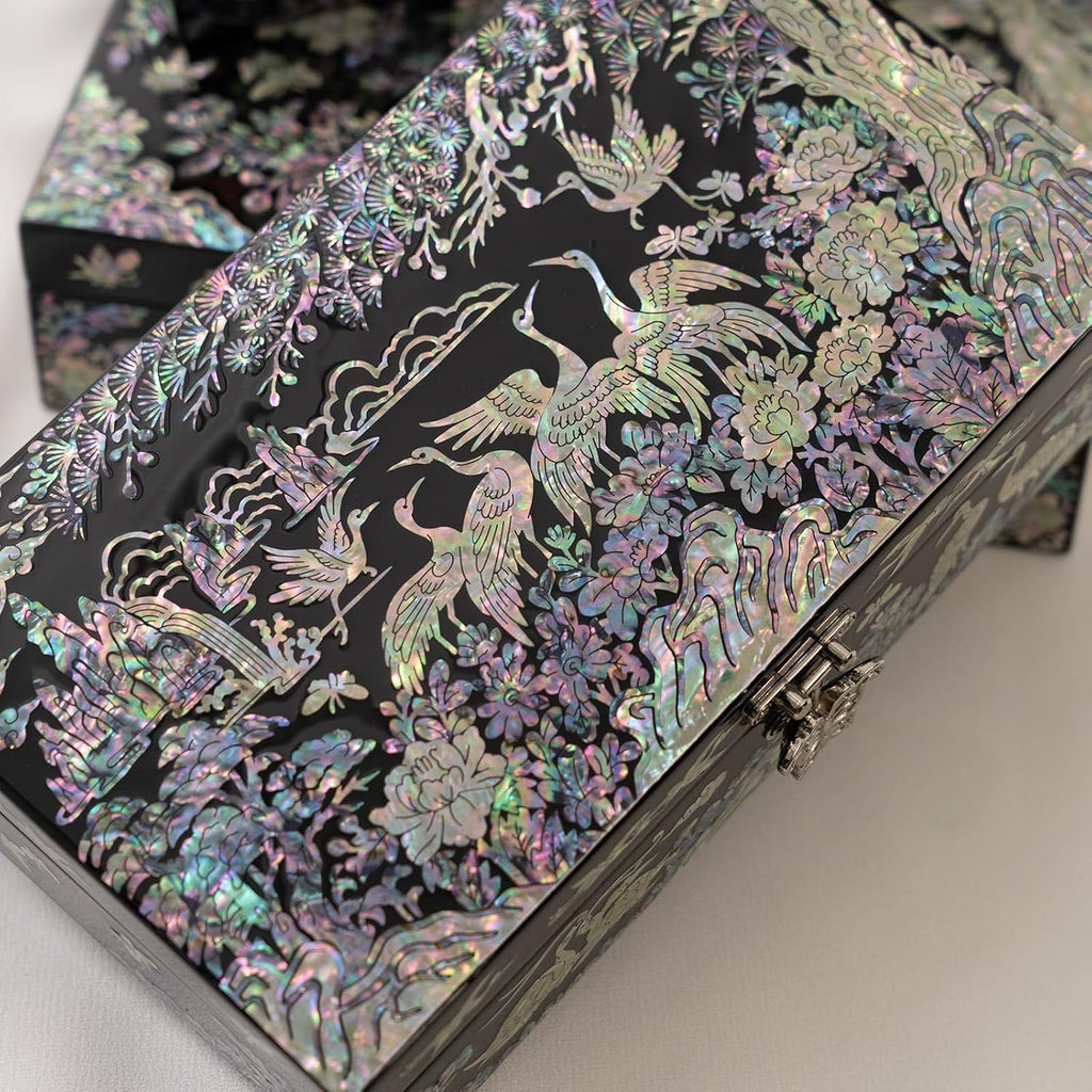 Mother of Pearl Jewelry Organizer box - Handmade Large Wooden Box Romantic Anniversary Birthday Gifts for women (Crane)