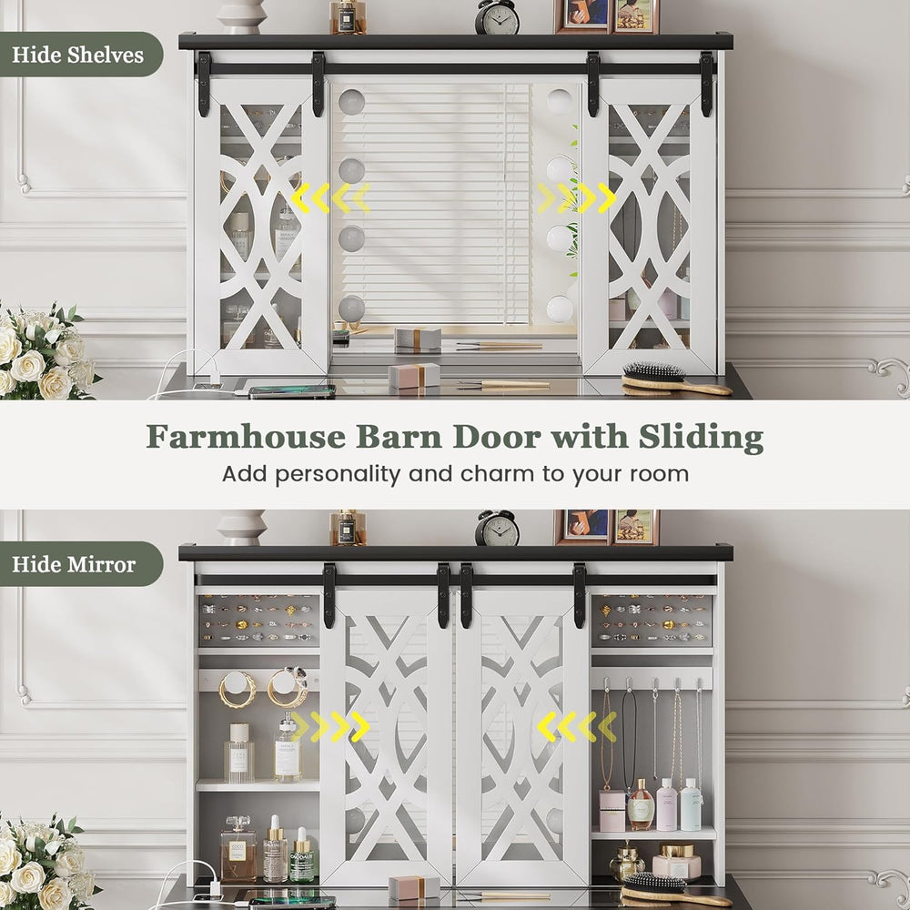 TAGELIER Farmhouse Large Makeup Vanity with Mirror & Lights | Vanity Desk...