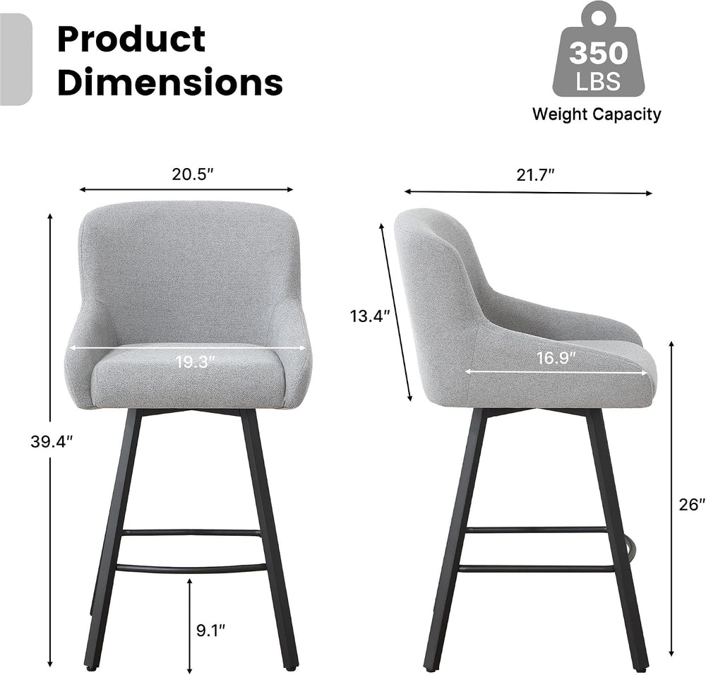 Swivel Bar Stools Set of 4, 26" Counter Height Barstools Light Grey