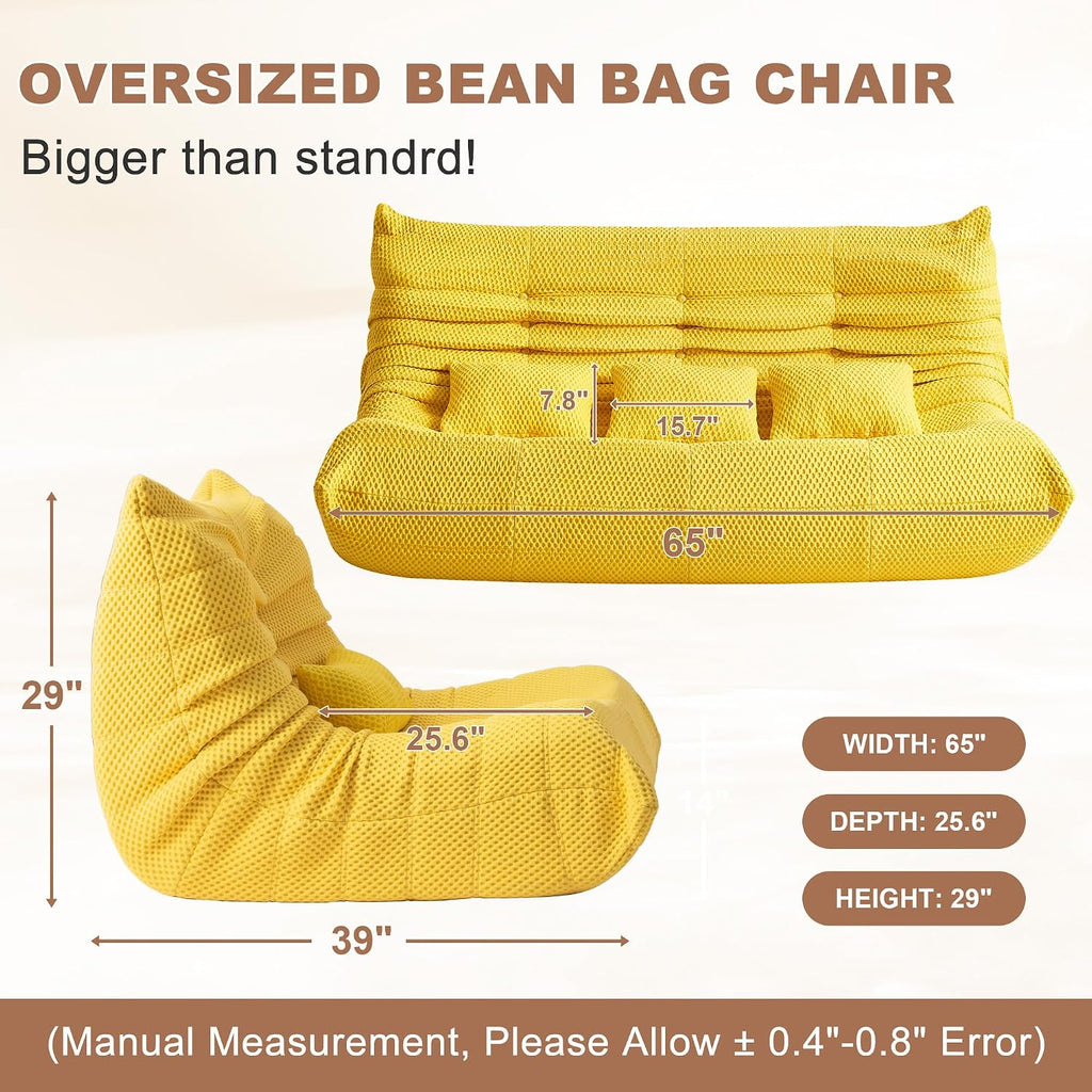 Bean Bag Chair for Adults - Large Bean Bag with Three Pillows, Oversized Boneless Chair with High-Rebound Memory Foam, Lazy Floor Sofa for Reading, Living Room, Bedroom (3-Seater, Yellow)