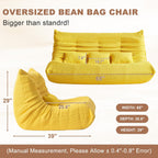 Bean Bag Chair for Adults - Large Bean Bag with Three Pillows, Oversized Boneless Chair with High-Rebound Memory Foam, Lazy Floor Sofa for Reading, Living Room, Bedroom (3-Seater, Yellow)