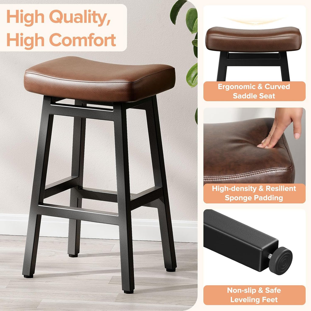 Raynesys 29 Inche Bonded Leather Counter Height Bar Stools Set of 2 Curved | Barstools with Curved Bonded Leather Seats & Heavy Duty Metal Legs for Kitchen Counter, Easy Assembly, Brown/Black