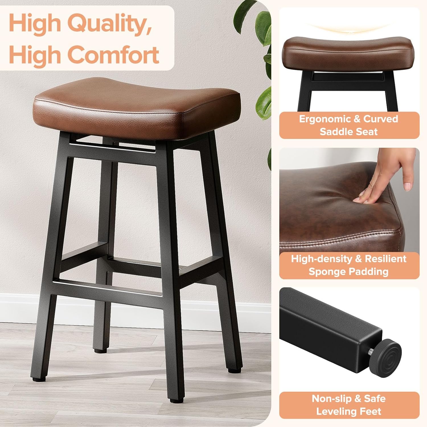 Raynesys 29 Inche Bonded Leather Counter Height Bar Stools Set of 2 Curved | Barstools with Curved Bonded Leather Seats & Heavy Duty Metal Legs for Kitchen Counter, Easy Assembly, Brown/Black