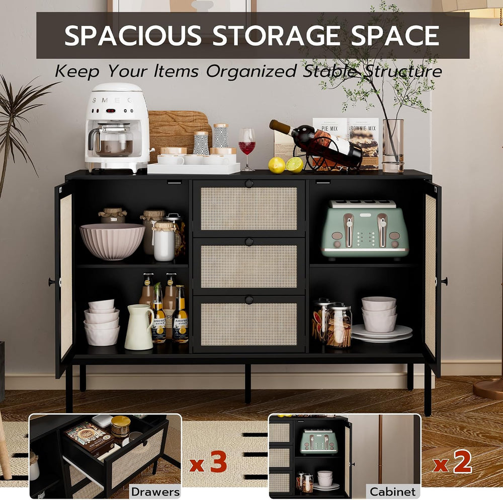 Rattan Sideboard Buffet Cabinet with 2 Doors & 3 Drawers, Mid Century Mod...