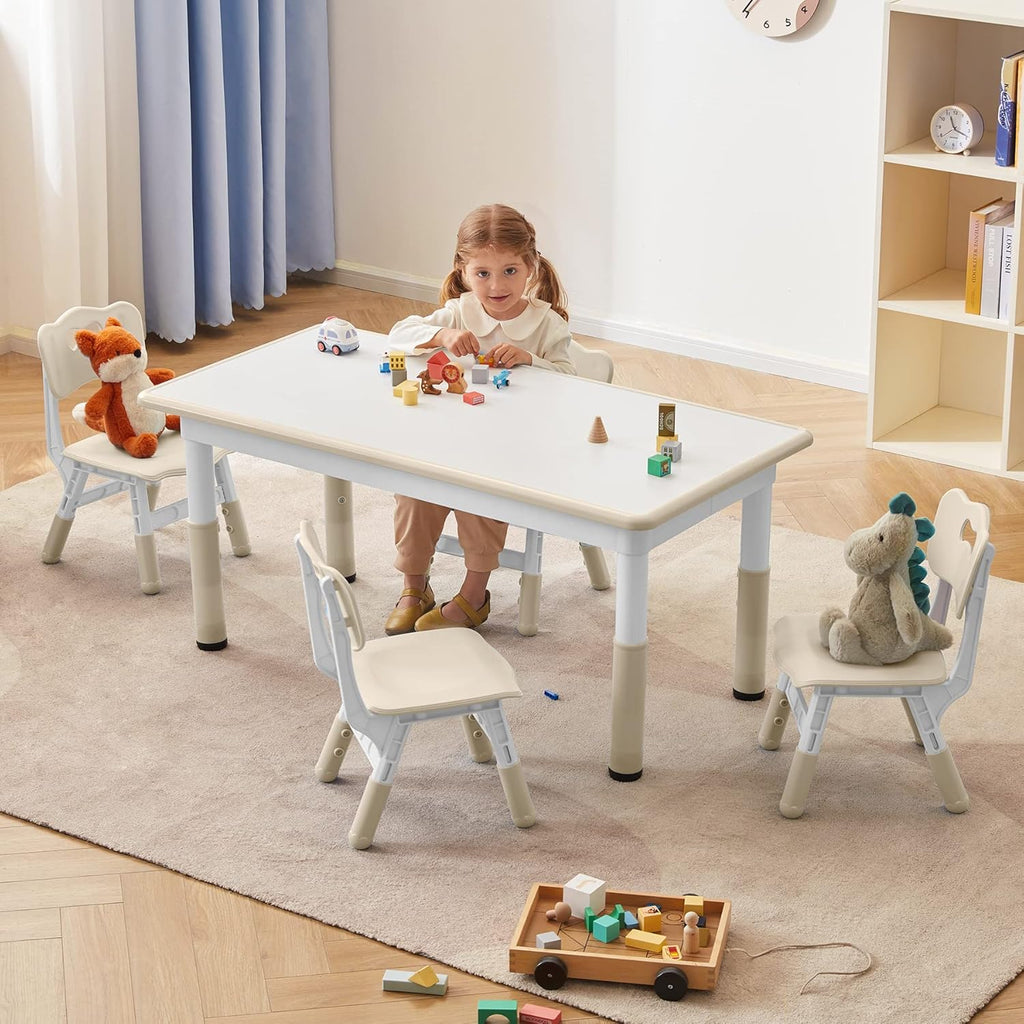 DOREROOM Toddler Table and Chairs Set for 4, 47.2''L x 23.6''W Kids Study Table and Chair Set, Height-Adjustable, Graffiti Desktop, Children Activity Table for Daycare, Classroom, Home