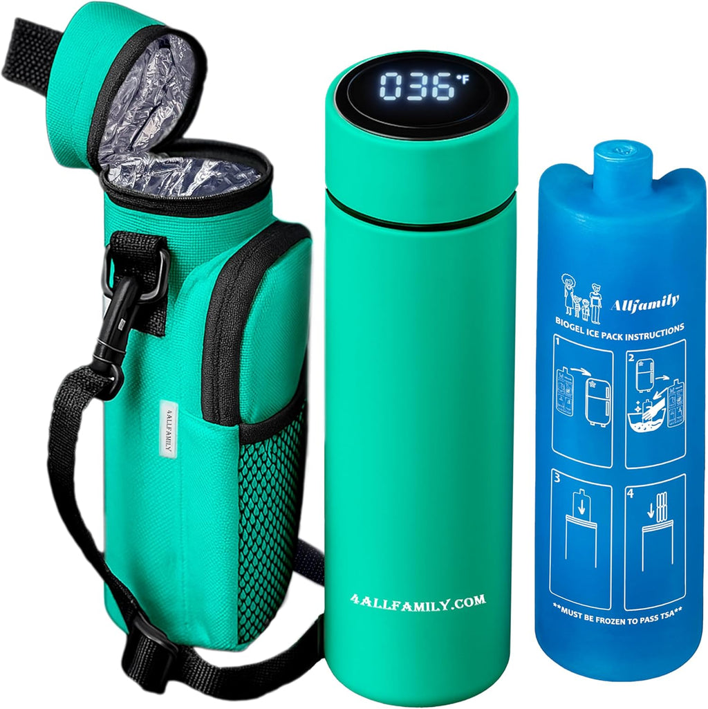 4ALLFAMILY Nomad Medium Pro Insulin Cooler Travel Case – TSA Approved Medicine Cooler with Biogel Ice Pack & Temp Display – Portable Diabetic Cold Case with Insulated Medicine Bag - Pro Turquoise