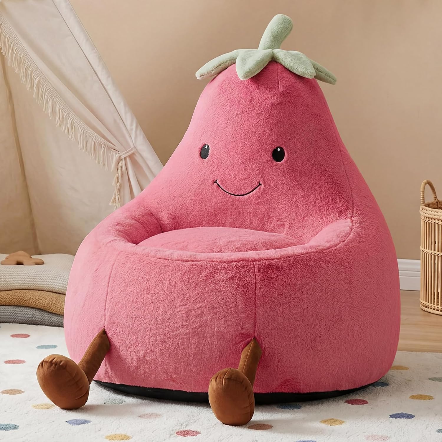31" Kids Bean Bag Chair, Stuffed Toddler Couch with Faux Rabbit Fur Cover for Teens & Kids, Comfy Lazy Sofa Chair for Reader, Living Room, Bedroom, Aged 4-12 Years Rose Red
