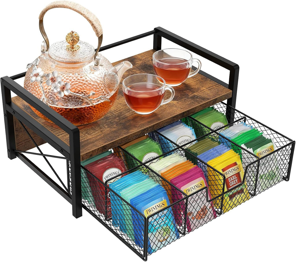 Tea Bag Organizer with Drawer, Tea Caddy for Countertop, Rustic | Wooden Tea Station Organizer with Drawer, Teabag Holder, Tea Organizers and Storage for Tea Bags, Sugar Packets, Accessories
