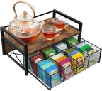 Tea Bag Organizer with Drawer, Tea Caddy for Countertop, Rustic | Wooden Tea Station Organizer with Drawer, Teabag Holder, Tea Organizers and Storage for Tea Bags, Sugar Packets, Accessories