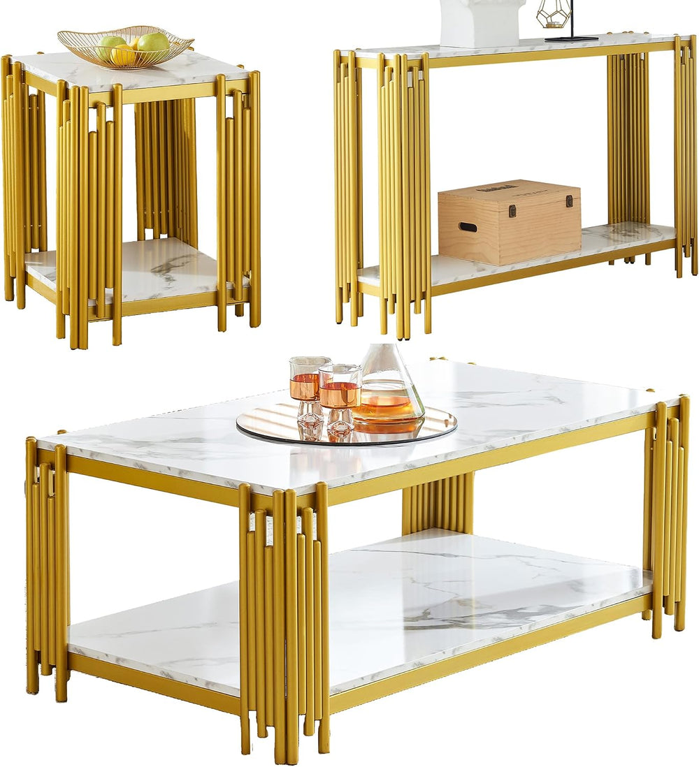 3 Piece Living Room Table Set, Faux Marble Coffee Table, Console Table and En...