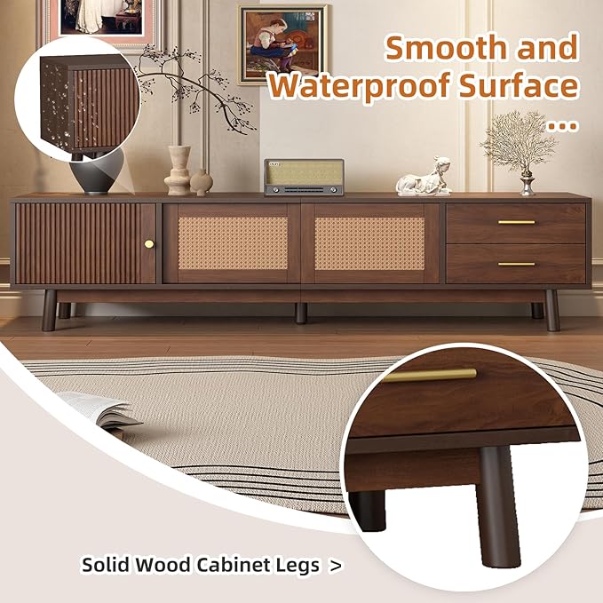 Ball & Cast Mid-Century Modern TV Stand for TVs up to 80", 70" Media Console with Rattan Sliding Doors & 2 Drawers,Solid Wood Legs,Entertainment Center w/Storage for Living Room,Bedroom,Dark Brown