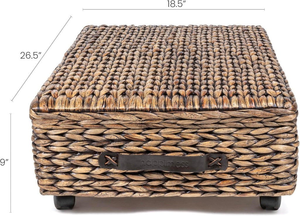 happimess BSK1006B 26.38" Chett Minimalist Hand-Woven Hyacinth/Wood Underbed Storage Bin with Wheels and Handles for Storage and Decoration in Bathroom, Bedroom,Closet,Entryway, Guest Room, Brown Wash