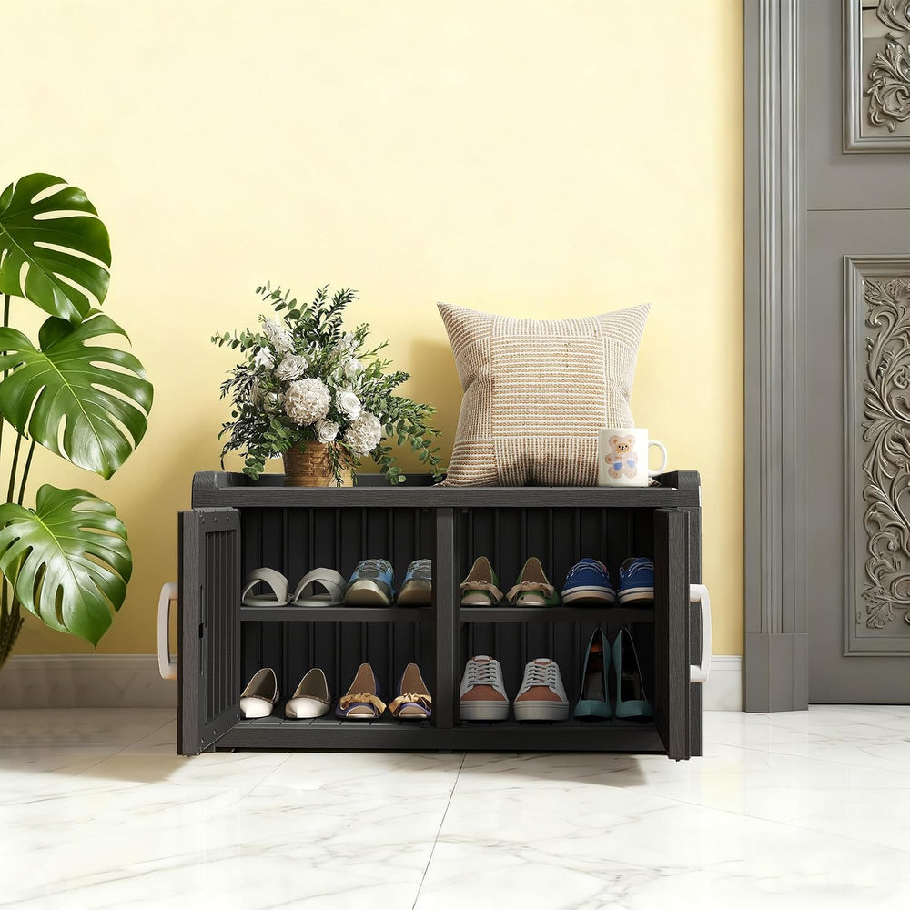 NUNU LAB Outdoor Storage Bench with 2 Barn Doors - Waterproof UV-Resistant Sh...