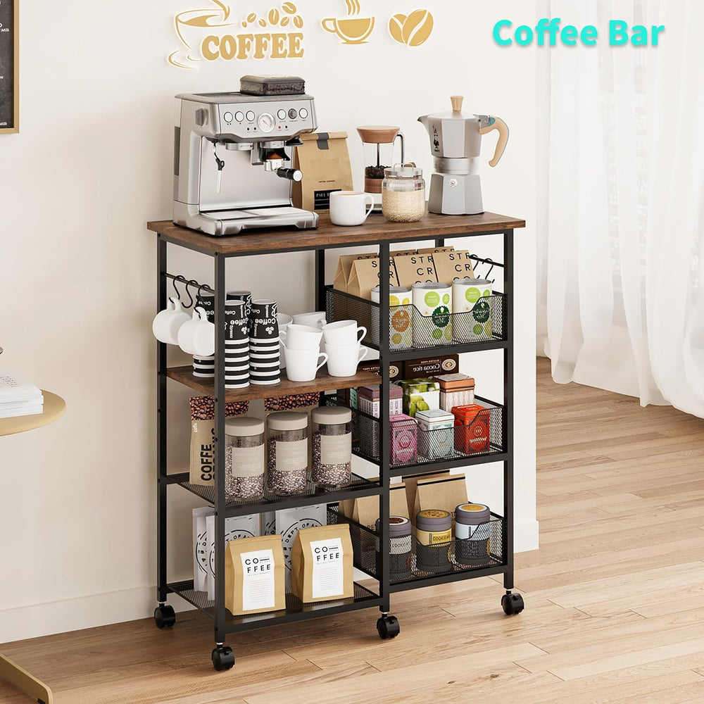 HapiRm Rolling Kitchen Carts with Storage - Microwave Table Stand with 6 Hook...
