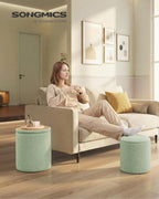 SONGMICS Vanity Stool, Set of 2, Round Storage Ottoman, Small Ottoman Coffee Table, Foot Stool, Removable Lid, for Living Room, Bedroom, Hallway, Easy Assembly, Teddy Fleece, Laurel Green ULOM013CZ01