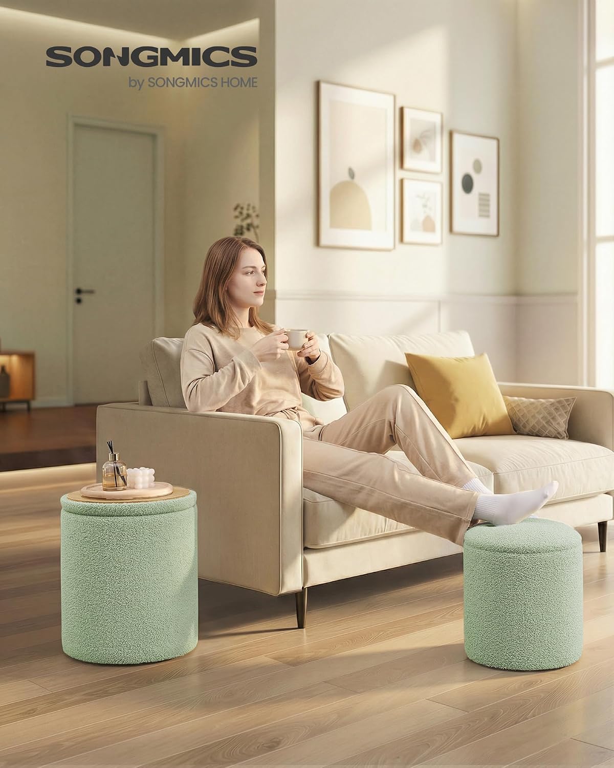 SONGMICS Vanity Stool, Set of 2, Round Storage Ottoman, Small Ottoman Coffee Table, Foot Stool, Removable Lid, for Living Room, Bedroom, Hallway, Easy Assembly, Teddy Fleece, Laurel Green ULOM013CZ01