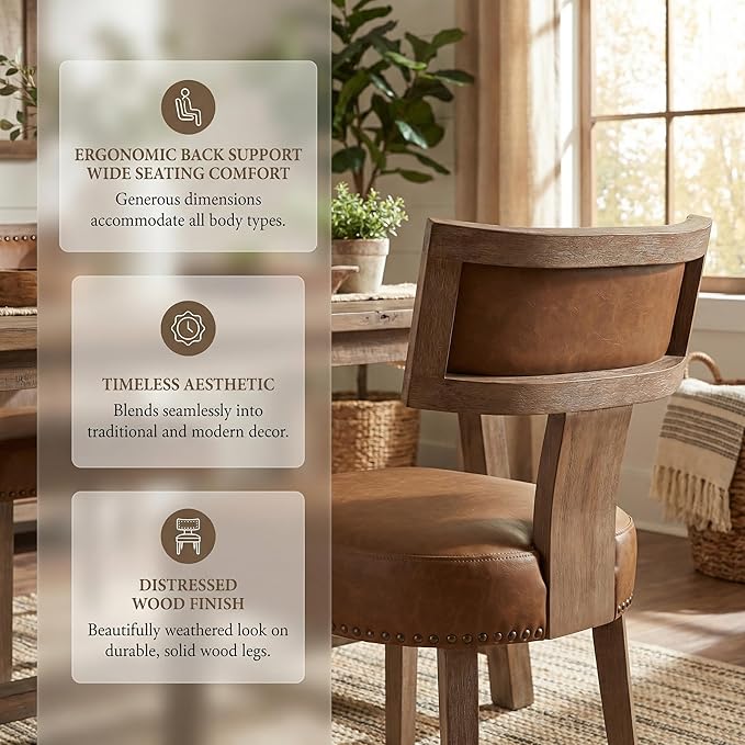 HNY Mid Century Modern Dining Chairs Set of 4, Farmhouse PU Leather Upholstered Accent Chairs Curved Nailhead Trim Backrest Kitchen Chairs, with Hardwood Frame, Brown