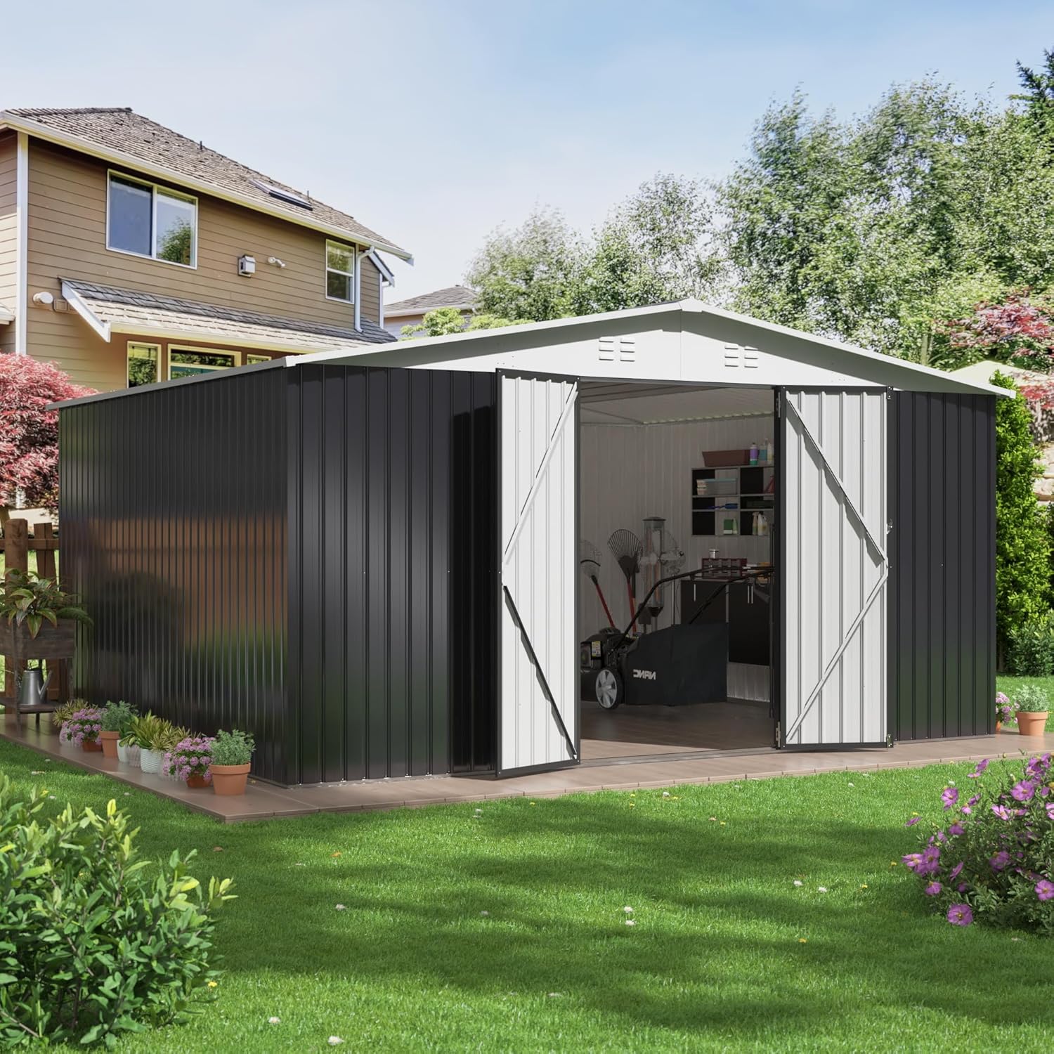 Polar Aurora 12x14 FT Outdoor Storage Shed, Garden Shed with Updated Frame Structure and Lockable Doors, Metal Tool Sheds for Backyard Garden Patio Lawn, White