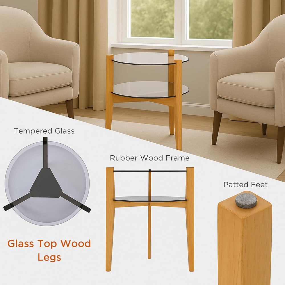 Round End Table, 2-Tier Tempered Glass Table Top Wooden Legs, Modern Side Tab...
