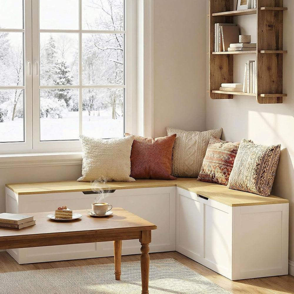 Zevemomo 63" L Shaped Storage Bench, White Breakfast Nook Benches, Corne...