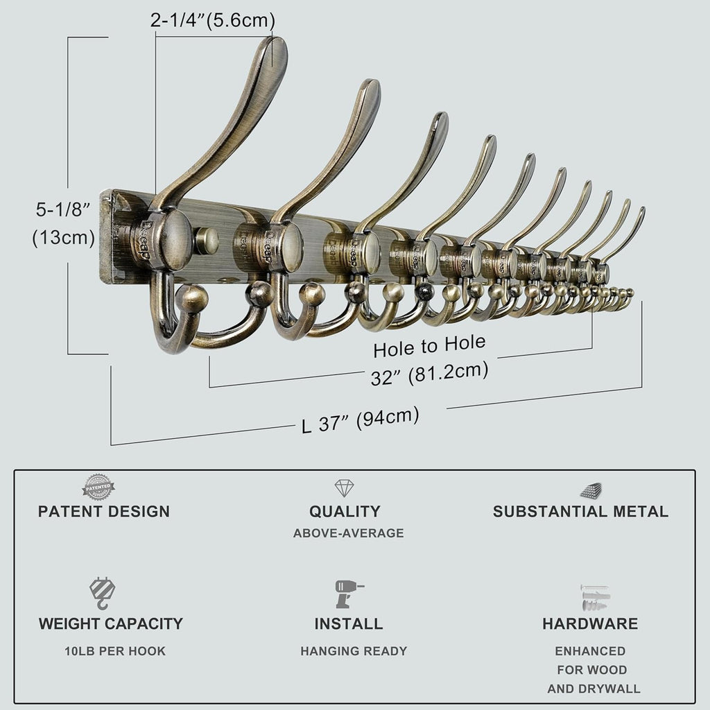 Dseap MaxStrong 2.0 Coat Rack Wall - 37” Long 10 Tri Hooks - Ultra Heavy-Duty Stainless Steel Wall Mount Coat Hanger, Hook Rail for Clothes Hats Jacket Towels Bronze, Pack of 2