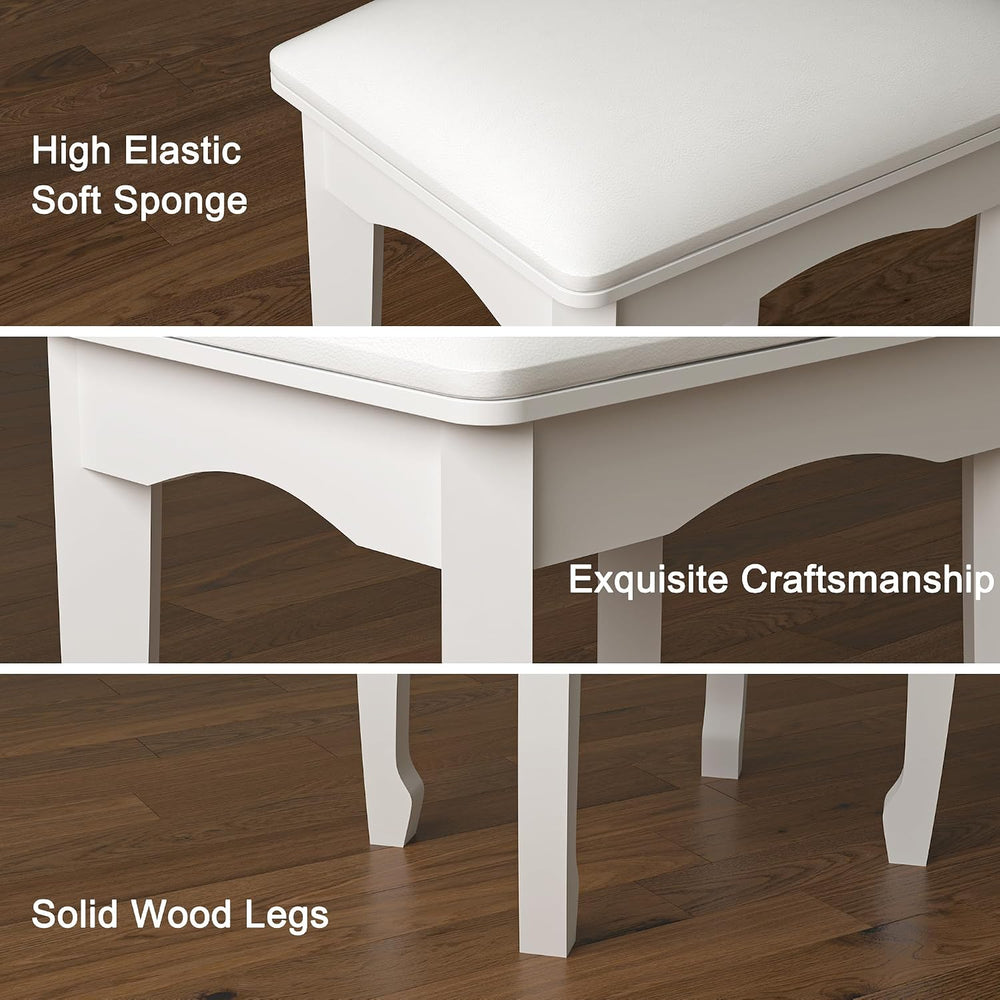 White Vanity Stool Bench, Padded Seat Cushion for Makeup Room | Minimalist St...
