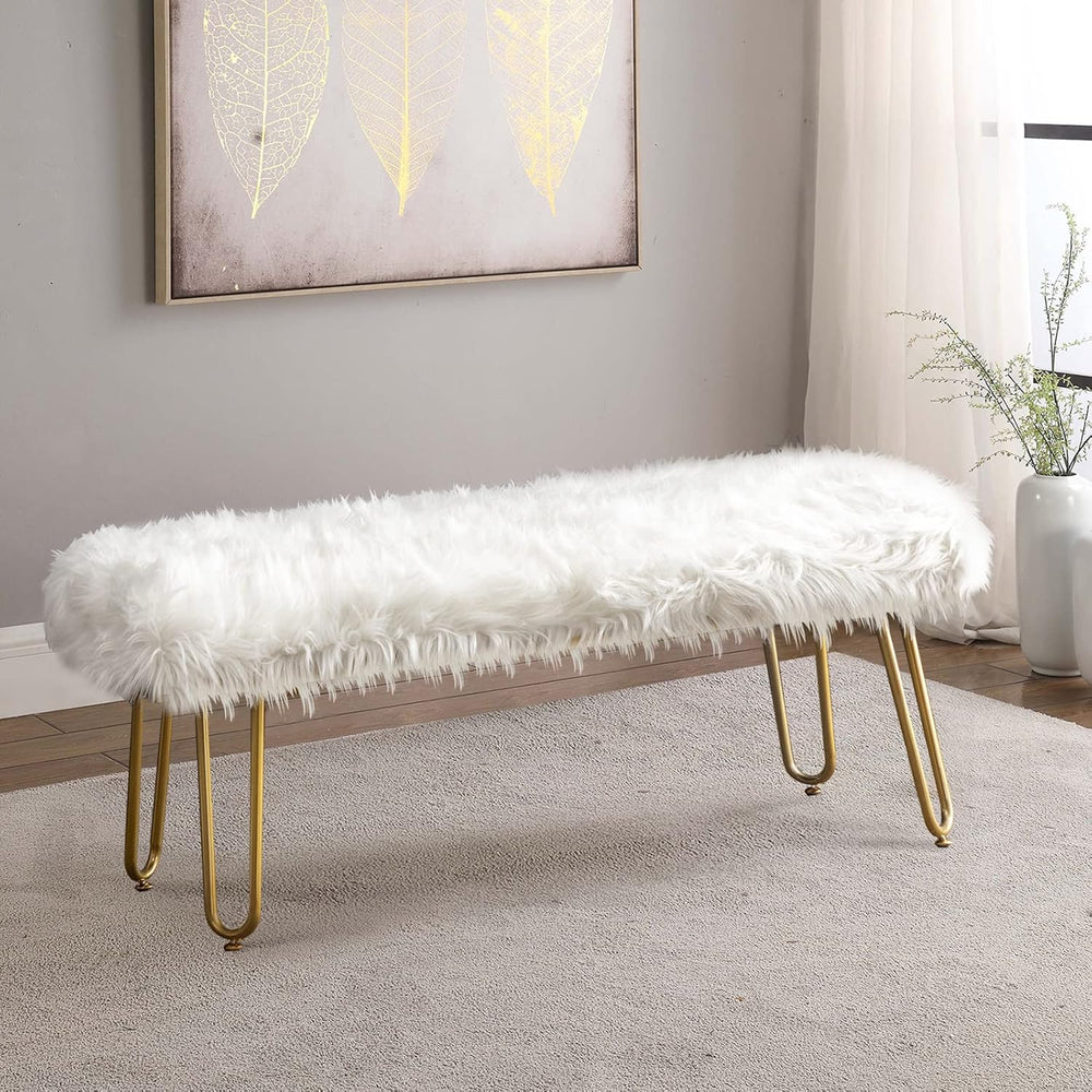 White Faux Fur Ottoman Bench Upholstered Furry Entryway Bedroom Bench with Go...
